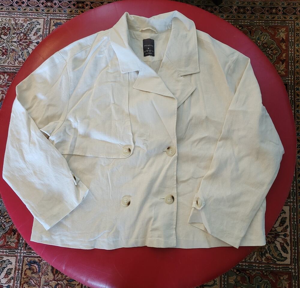 Primark Women's Linen Blend Blazer Jacket Button up Double Breasted Cream Sze M